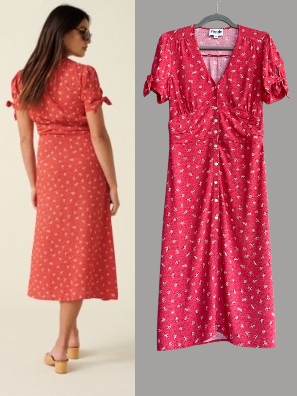 ROUJE Red & White Floral Dot Printed Button Down V Neck Laura Midi Dress 38, 4/6 - Picture 14 of 17